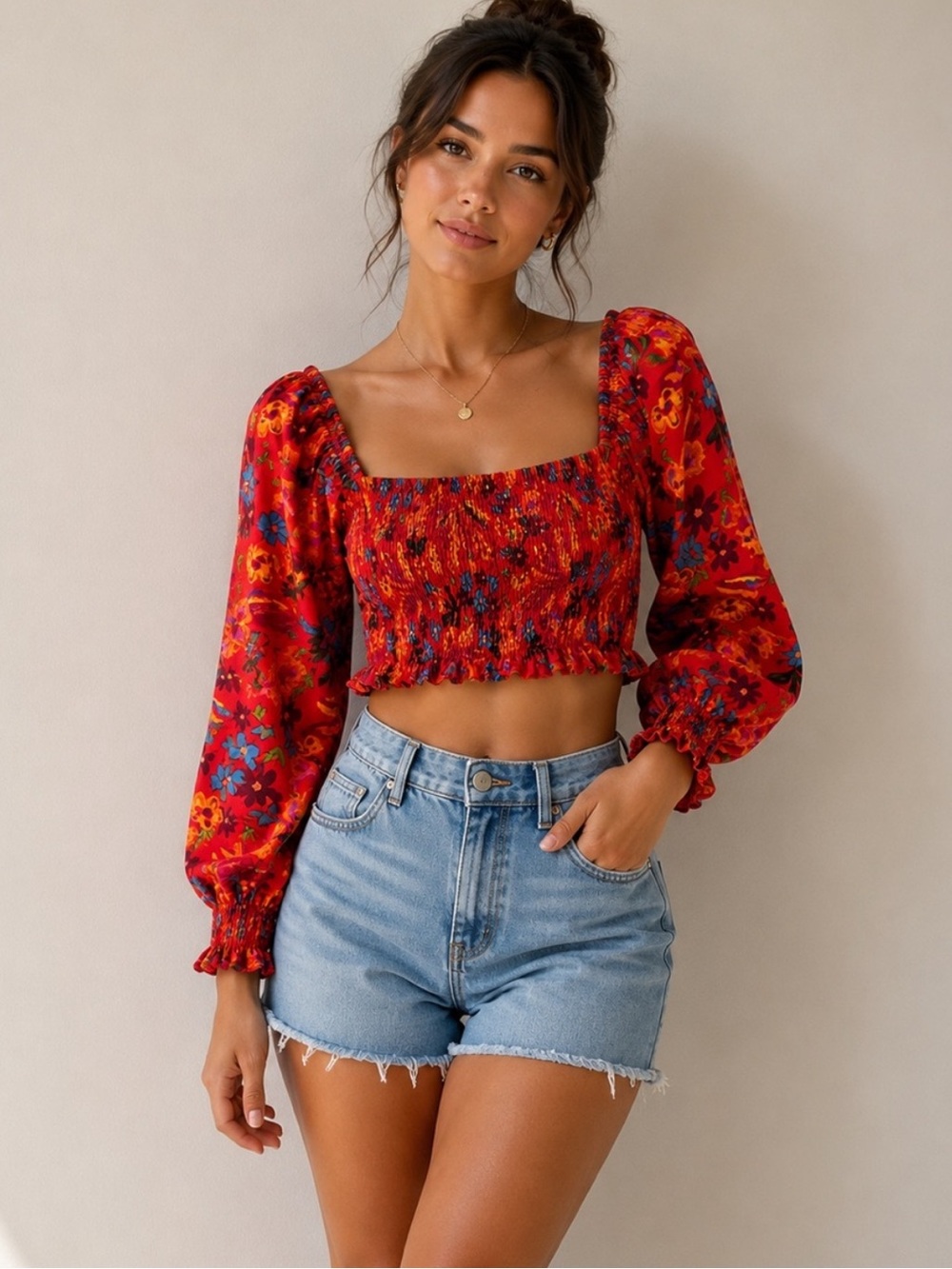 Maison d’Amelie Paris Smocked Red Floral Puff-Sleeve Crop Top